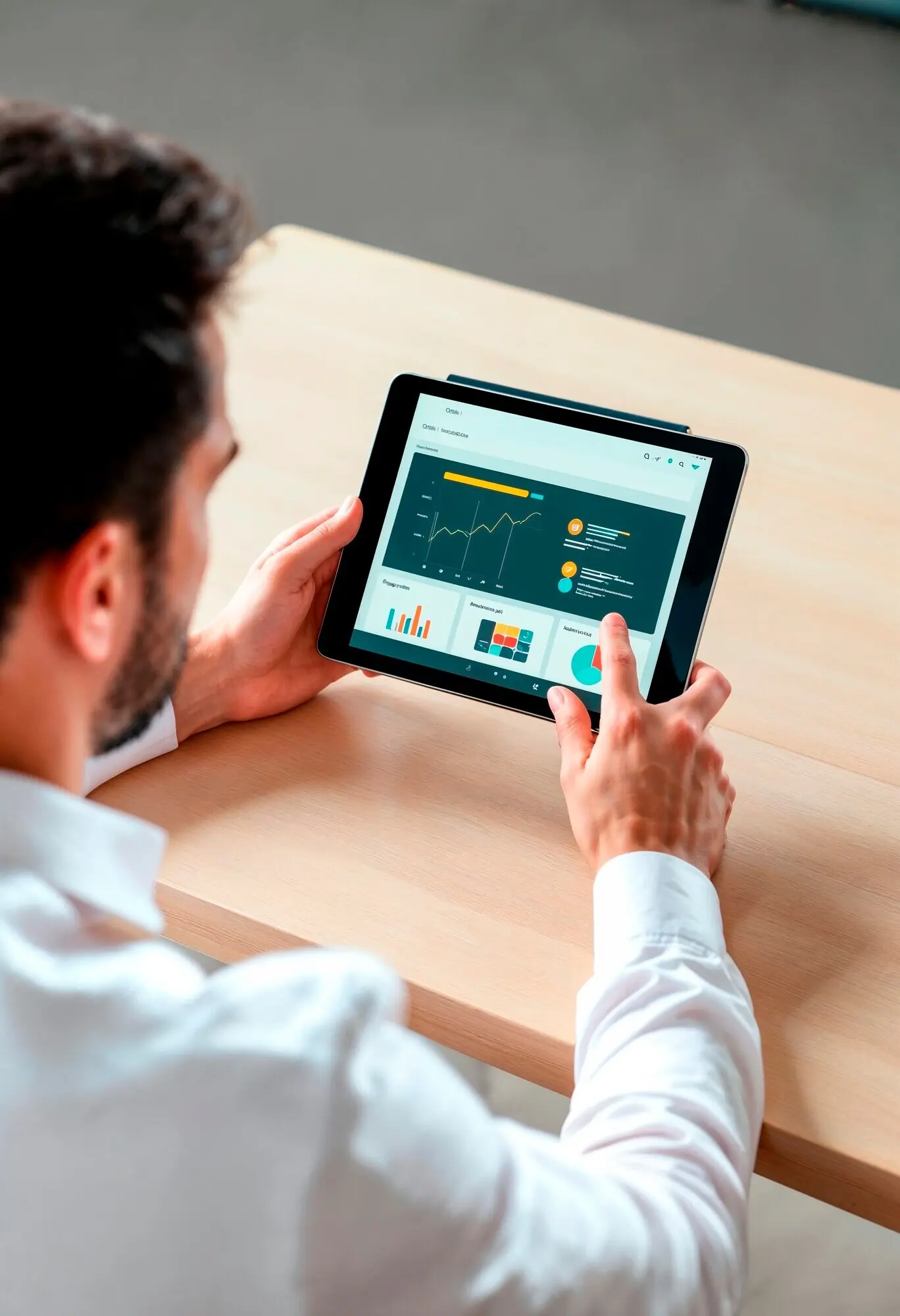 A man sits at a table with a tablet displaying 